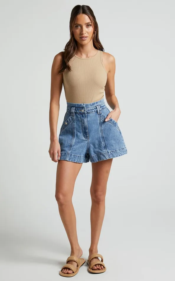 Showpo Kayla Denim Shorts 8211 High Waisted A Line Denim Shorts In Mid Blue Wash Women Denim