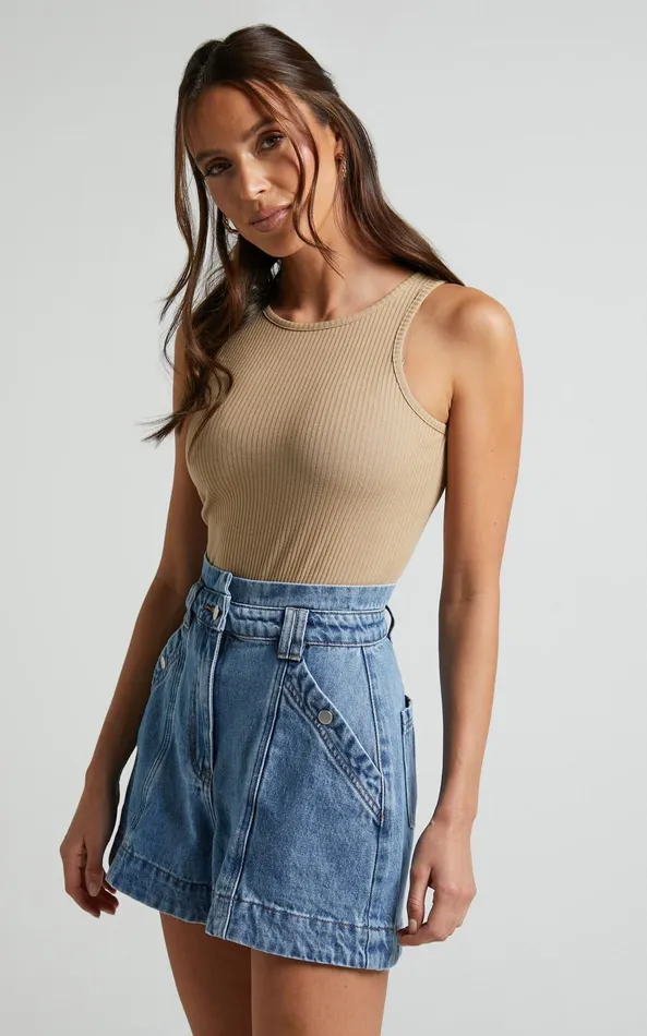 Showpo Kayla Denim Shorts 8211 High Waisted A Line Denim Shorts In Mid Blue Wash Women Denim