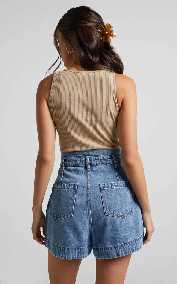 Showpo Kayla Denim Shorts 8211 High Waisted A Line Denim Shorts In Mid Blue Wash Women Denim