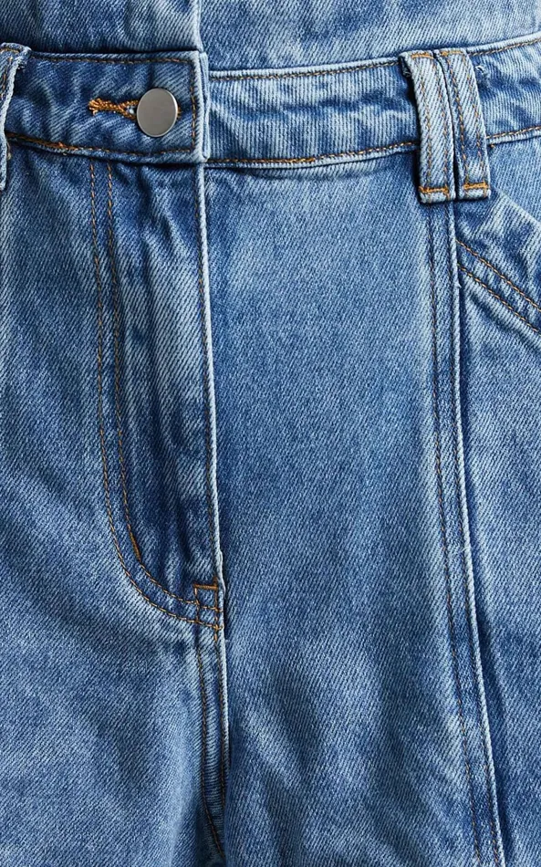 Showpo Kayla Denim Shorts 8211 High Waisted A Line Denim Shorts In Mid Blue Wash Women Denim