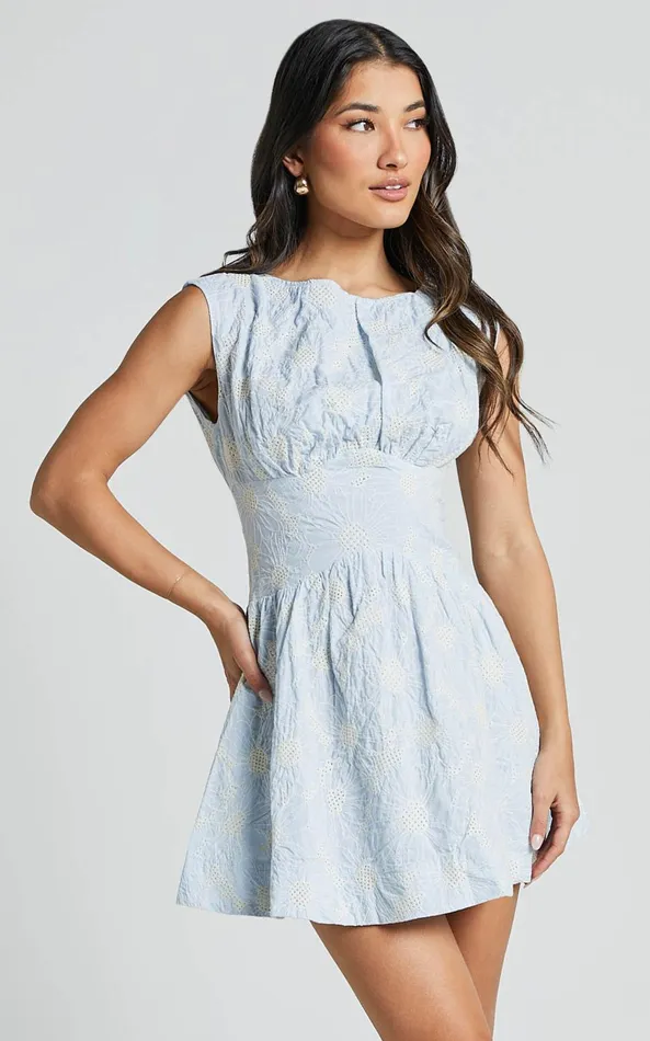 Showpo Kaylee Mini Dress 8211 Broderie Anglaise Sleeveless Scoop Neck Dress In Blue Women Dresses