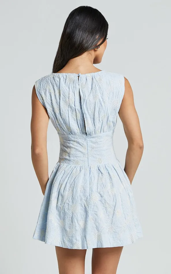 Showpo Kaylee Mini Dress 8211 Broderie Anglaise Sleeveless Scoop Neck Dress In Blue Women Dresses