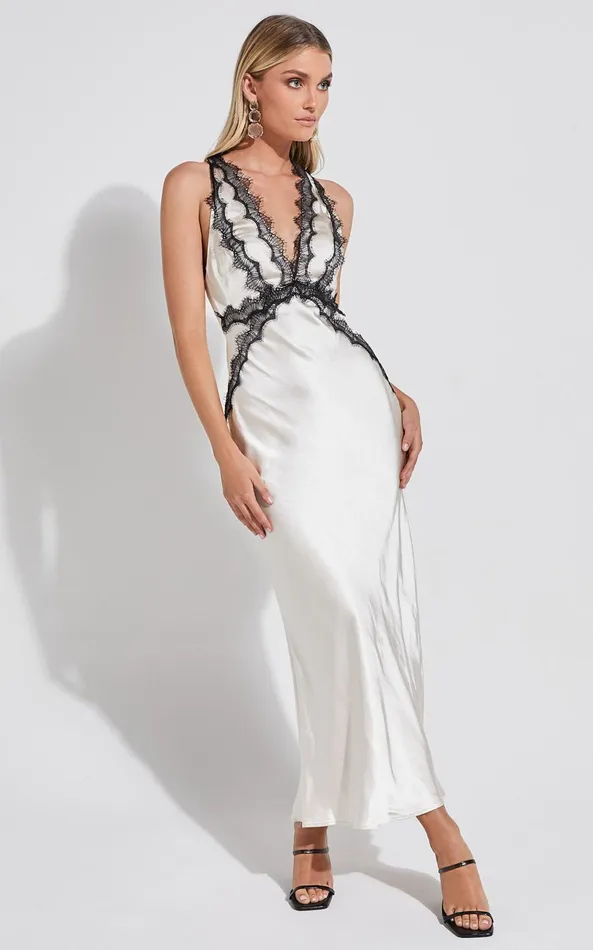 Showpo Kaylia Midi Dress 8211 Lace Detail Satin Dress In Oyster Women Dresses
