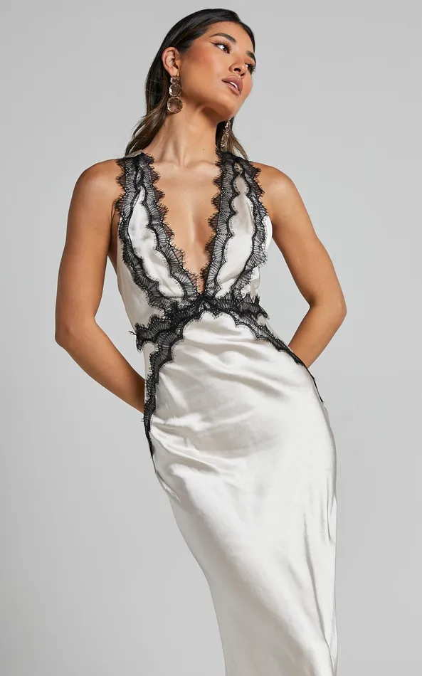 Showpo Kaylia Midi Dress 8211 Lace Detail Satin Dress In Oyster Women Dresses