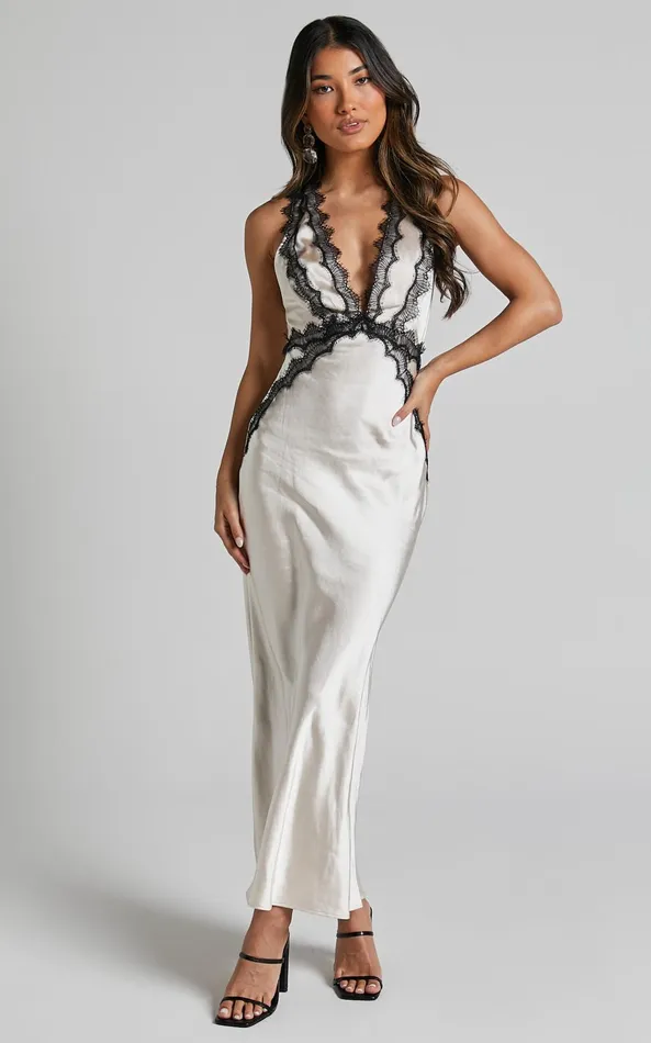 Showpo Kaylia Midi Dress 8211 Lace Detail Satin Dress In Oyster Women Dresses