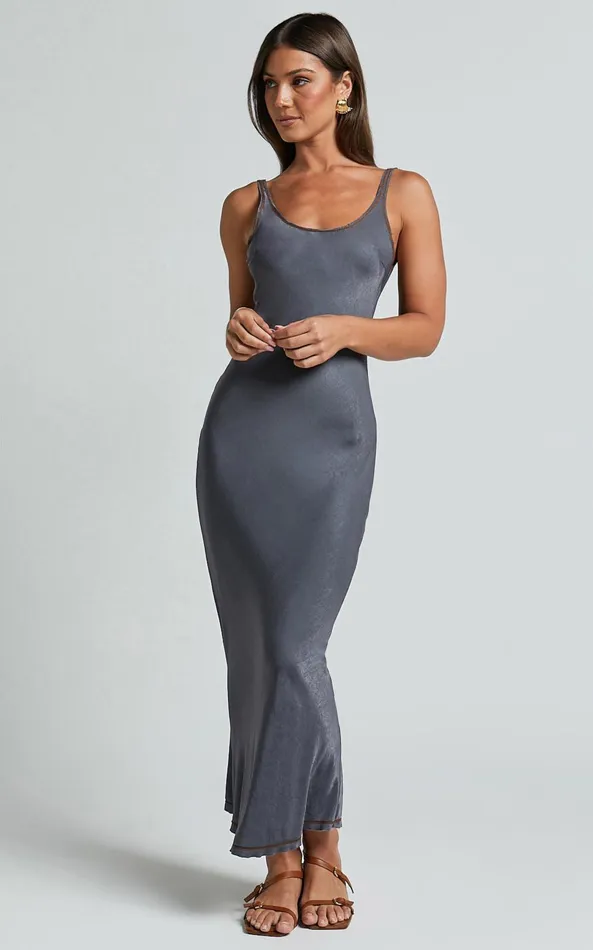 Showpo Kayrene Midi Dress 8211 Scoop Neck Sleeveless Slip Dress In Charcoal With Camel Contrast Stitching Women Dresses
