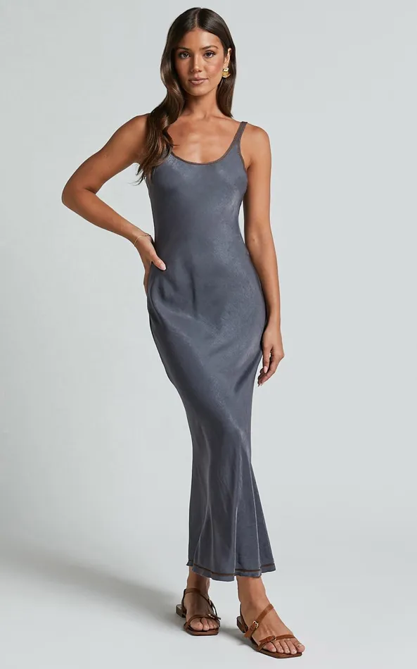Showpo Kayrene Midi Dress 8211 Scoop Neck Sleeveless Slip Dress In Charcoal With Camel Contrast Stitching Women Dresses