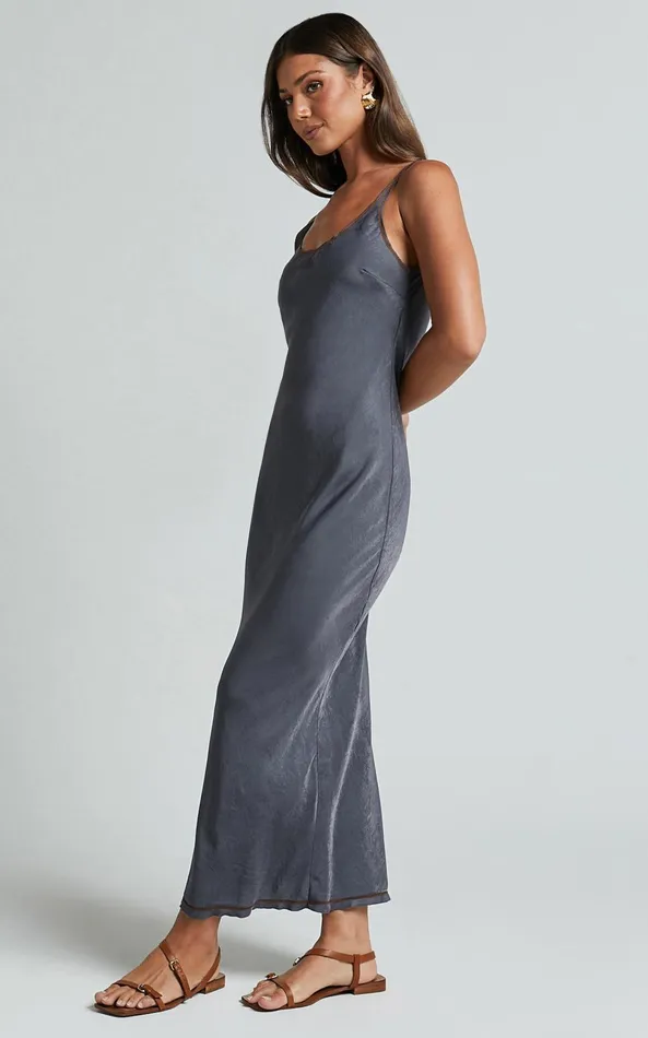 Showpo Kayrene Midi Dress 8211 Scoop Neck Sleeveless Slip Dress In Charcoal With Camel Contrast Stitching Women Dresses