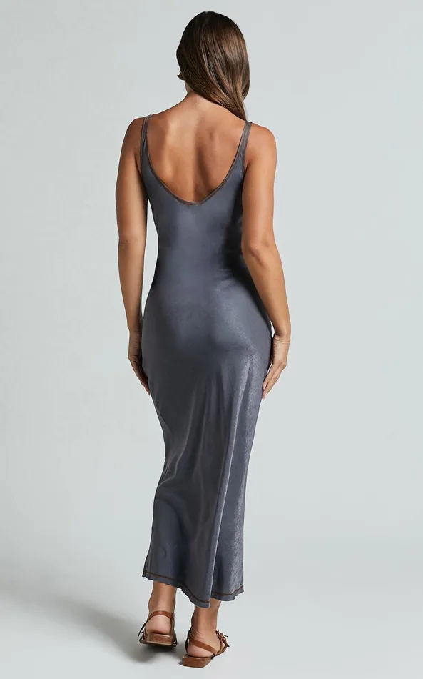 Showpo Kayrene Midi Dress 8211 Scoop Neck Sleeveless Slip Dress In Charcoal With Camel Contrast Stitching Women Dresses