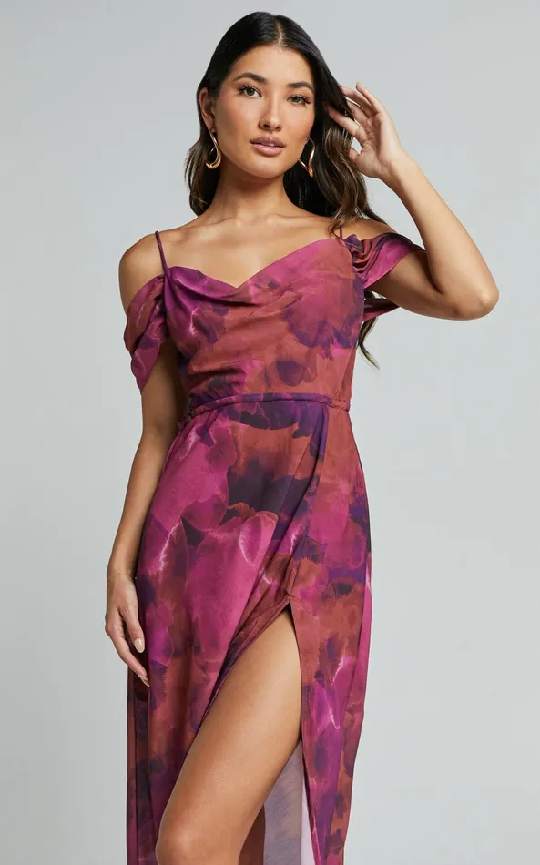 Showpo Keira Midi Dress 8211 Draped Off The Shoulder Dress In Electric Cloud 8211 Purple Women Dresses