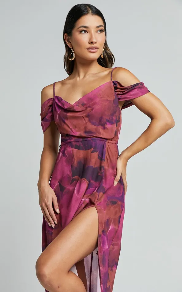 Showpo Keira Midi Dress 8211 Draped Off The Shoulder Dress In Electric Cloud 8211 Purple Women Dresses