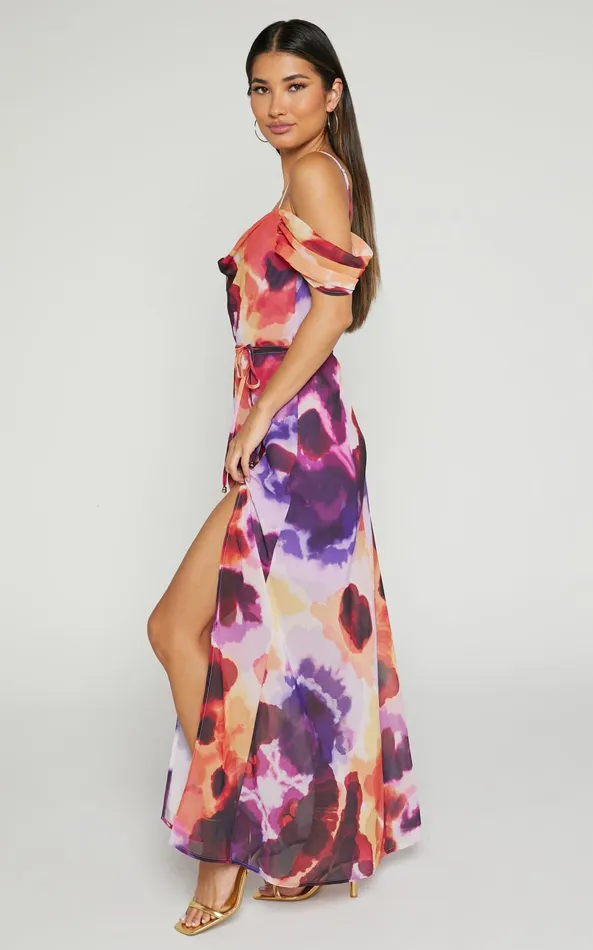 Showpo Keira Midi Dress 8211 Draped Off The Shoulder Dress In Watercolour Floral Women Dresses