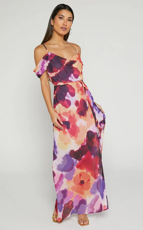 Showpo Keira Midi Dress 8211 Draped Off The Shoulder Dress In Watercolour Floral Women Dresses
