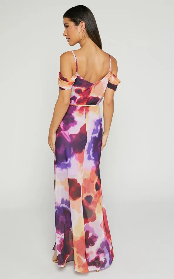 Showpo Keira Midi Dress 8211 Draped Off The Shoulder Dress In Watercolour Floral Women Dresses