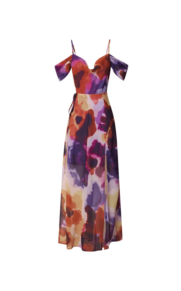Showpo Keira Midi Dress 8211 Draped Off The Shoulder Dress In Watercolour Floral Women Dresses