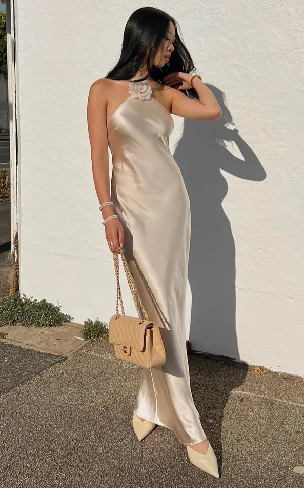 Showpo Keithy Midi Dress 8211 Rosette Halter Neck Slip Dress In Champagne Women Dresses Showpo Keithy Midi Dress 8211 Rosette Halter Neck Slip Dress In Champagne Women Dresses