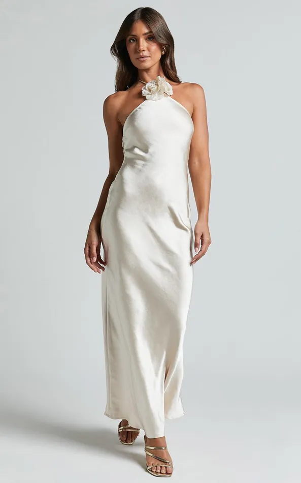Showpo Keithy Midi Dress 8211 Rosette Halter Neck Slip Dress In Champagne Women Dresses