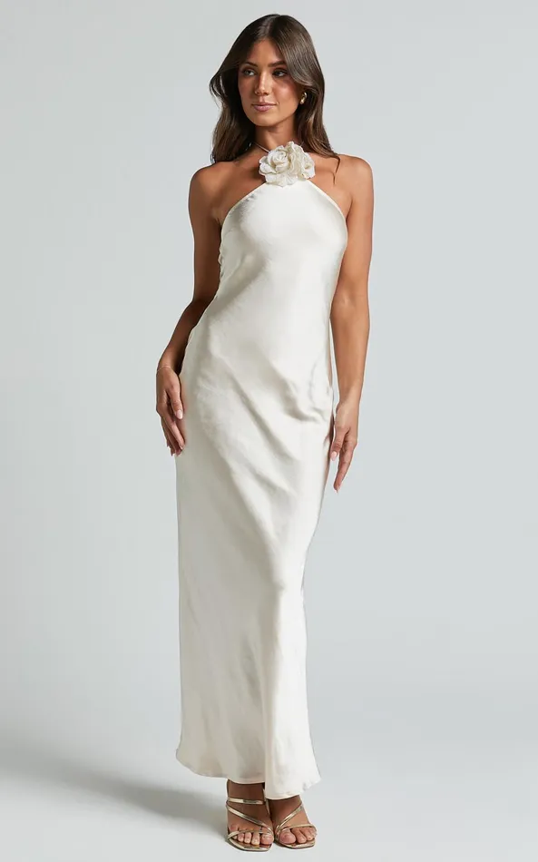 Showpo Keithy Midi Dress 8211 Rosette Halter Neck Slip Dress In Champagne Women Dresses