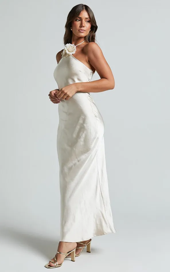 Showpo Keithy Midi Dress 8211 Rosette Halter Neck Slip Dress In Champagne Women Dresses