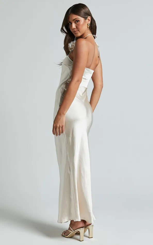Showpo Keithy Midi Dress 8211 Rosette Halter Neck Slip Dress In Champagne Women Dresses
