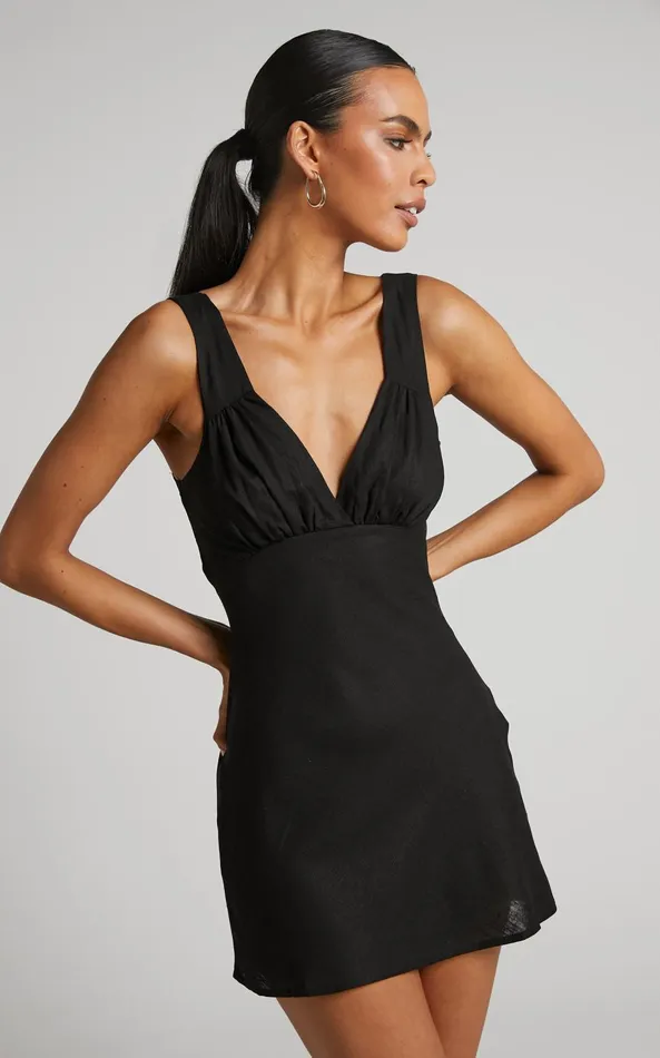 Showpo Kelly Mini Dress 8211 Linen Look Plunge Dress In Black Women Dresses