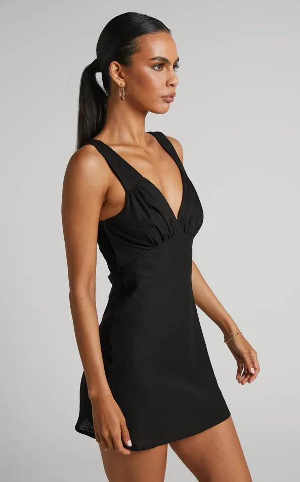 Showpo Kelly Mini Dress 8211 Linen Look Plunge Dress In Black Women Dresses