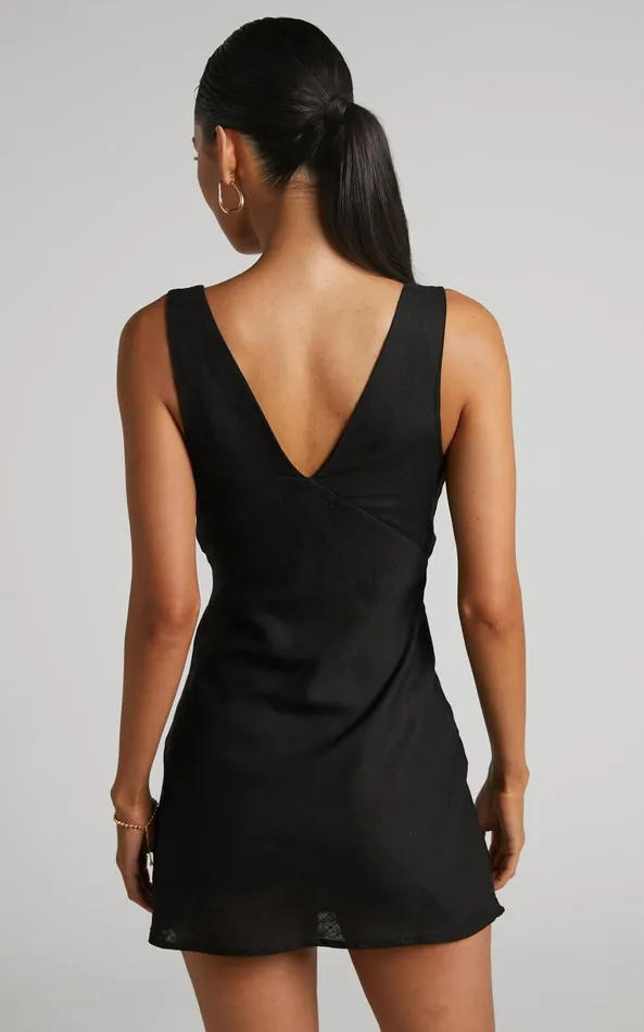 Showpo Kelly Mini Dress 8211 Linen Look Plunge Dress In Black Women Dresses