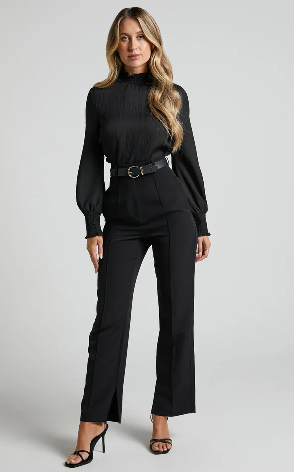 Showpo Kelsey Blouse 8211 Shirred Long Sleeve Blouse In Black Women Tops