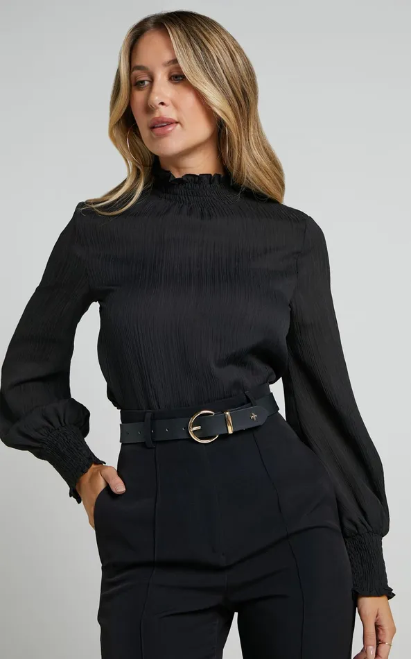 Showpo Kelsey Blouse 8211 Shirred Long Sleeve Blouse In Black Women Tops
