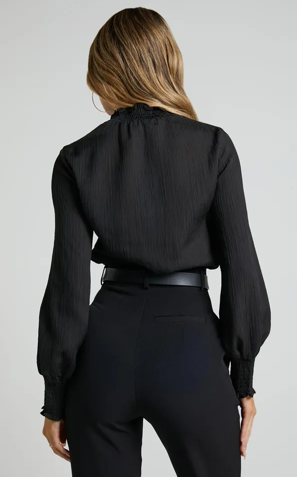 Showpo Kelsey Blouse 8211 Shirred Long Sleeve Blouse In Black Women Tops