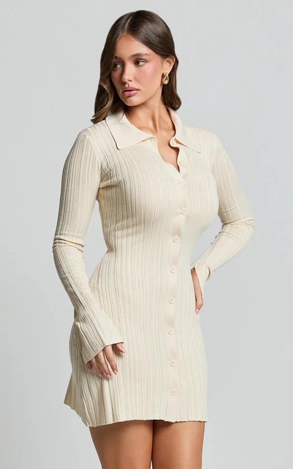 Showpo Kelsey Mini Dress 8211 Button Through Long Sleeve Knit Dress In Cream Women Dresses