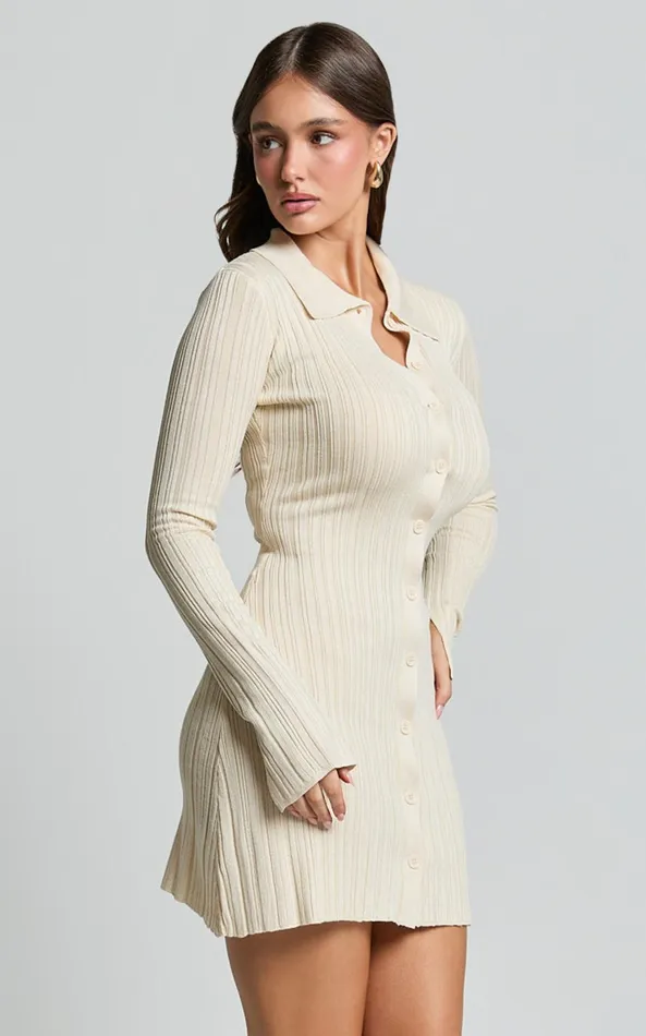 Showpo Kelsey Mini Dress 8211 Button Through Long Sleeve Knit Dress In Cream Women Dresses