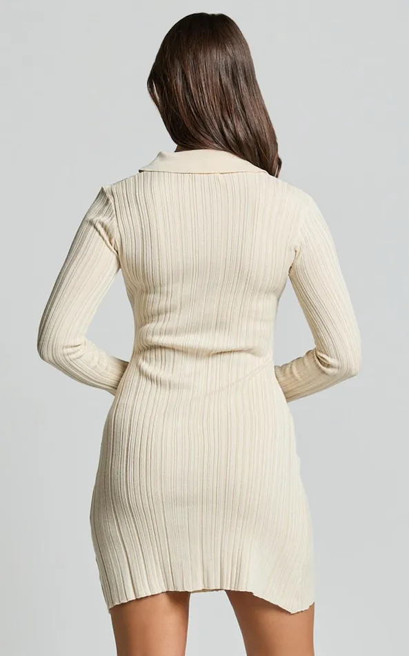 Showpo Kelsey Mini Dress 8211 Button Through Long Sleeve Knit Dress In Cream Women Dresses