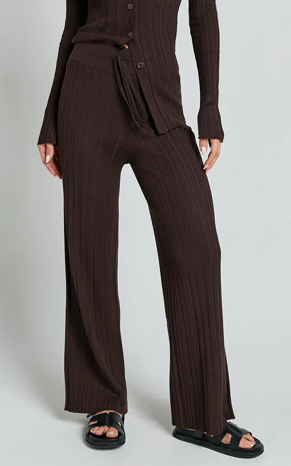 Showpo Kelsey Pants 8211 High Drawstring Waist Knit Pants In Chocolate Women Pants