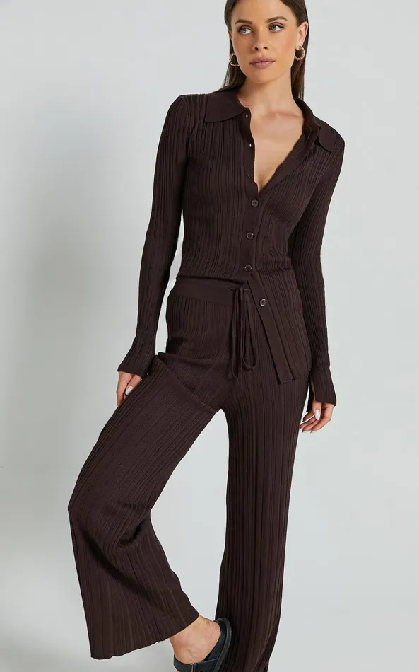 Showpo Kelsey Pants 8211 High Drawstring Waist Knit Pants In Chocolate Women Pants