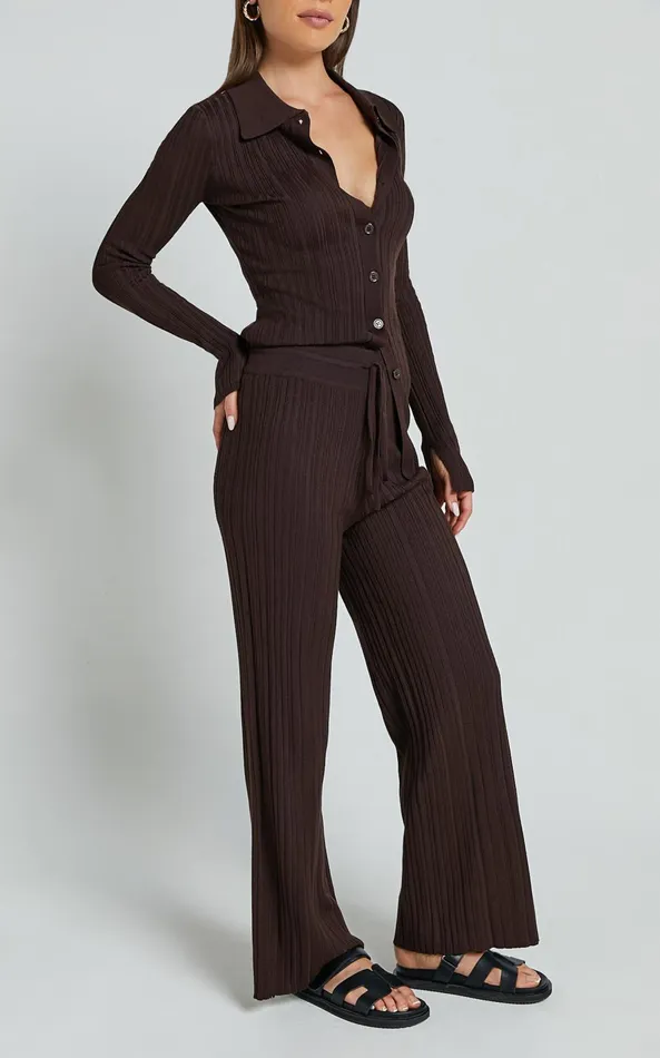 Showpo Kelsey Pants 8211 High Drawstring Waist Knit Pants In Chocolate Women Pants
