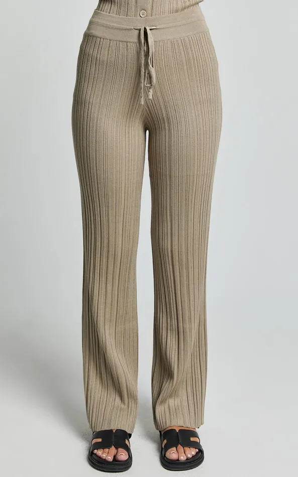 Showpo Kelsey Pants 8211 High Drawstring Waist Knit Pants In Taupe Women Pants