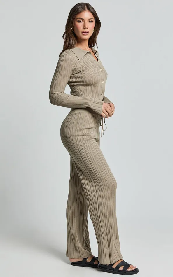 Showpo Kelsey Pants 8211 High Drawstring Waist Knit Pants In Taupe Women Pants