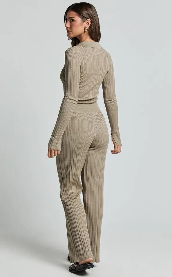 Showpo Kelsey Pants 8211 High Drawstring Waist Knit Pants In Taupe Women Pants