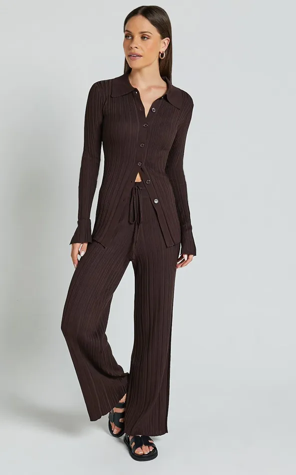 Showpo Kelsey Top 8211 Button Through Long Sleeve Knitted Top In Chocolate Women Knitwear