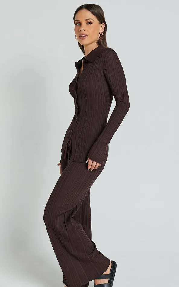 Showpo Kelsey Top 8211 Button Through Long Sleeve Knitted Top In Chocolate Women Knitwear
