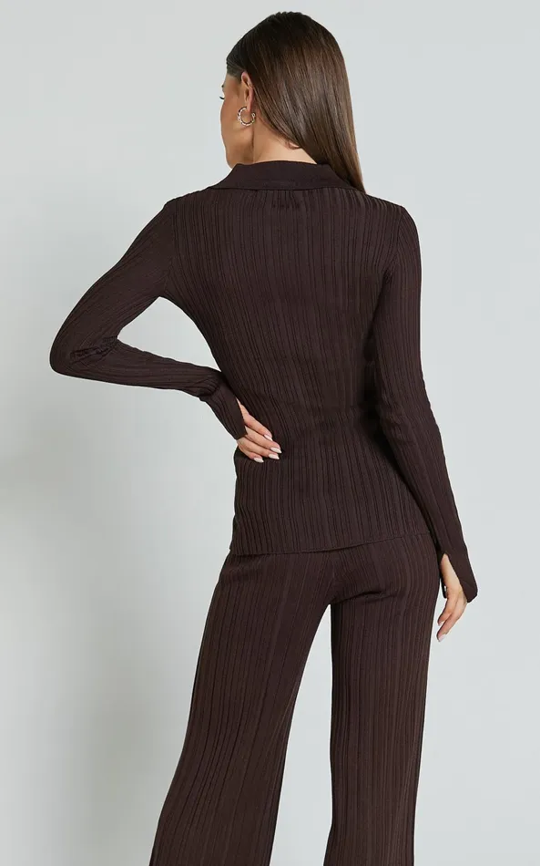 Showpo Kelsey Top 8211 Button Through Long Sleeve Knitted Top In Chocolate Women Knitwear
