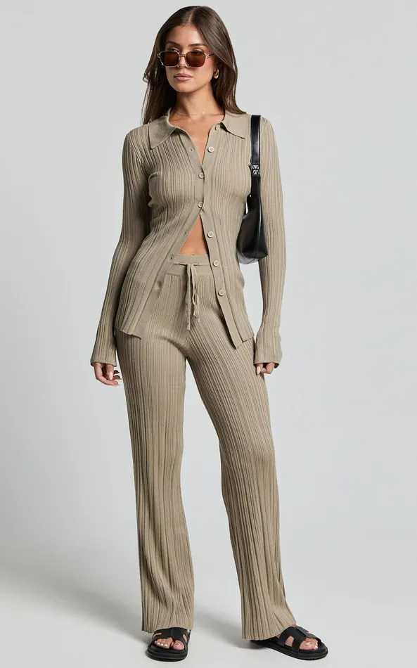 Showpo Kelsey Top 8211 Button Through Long Sleeve Knitted Top In Taupe Women Tops