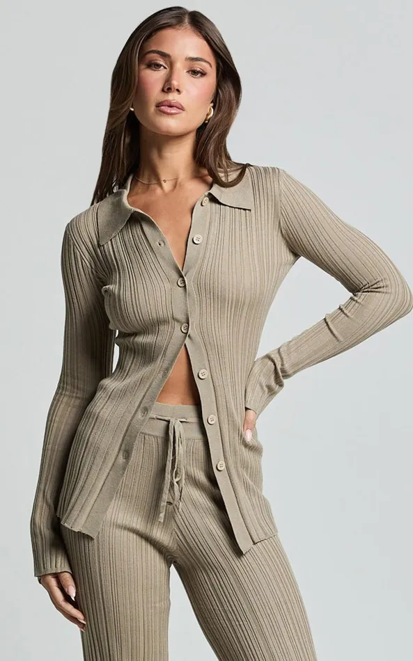 Showpo Kelsey Top 8211 Button Through Long Sleeve Knitted Top In Taupe Women Tops