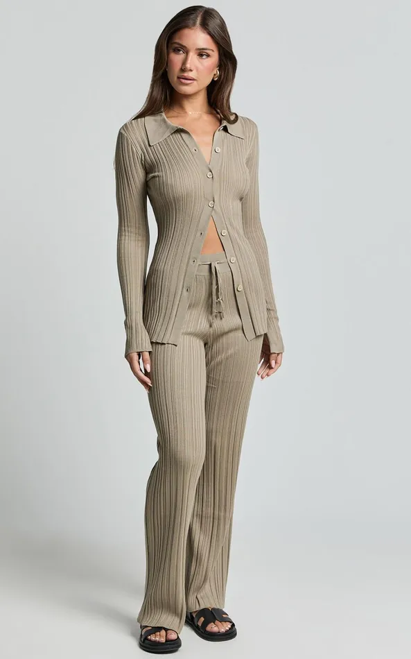 Showpo Kelsey Top 8211 Button Through Long Sleeve Knitted Top In Taupe Women Tops