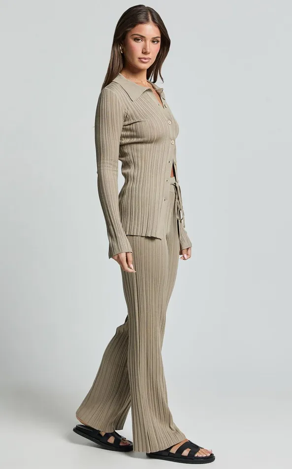 Showpo Kelsey Top 8211 Button Through Long Sleeve Knitted Top In Taupe Women Tops