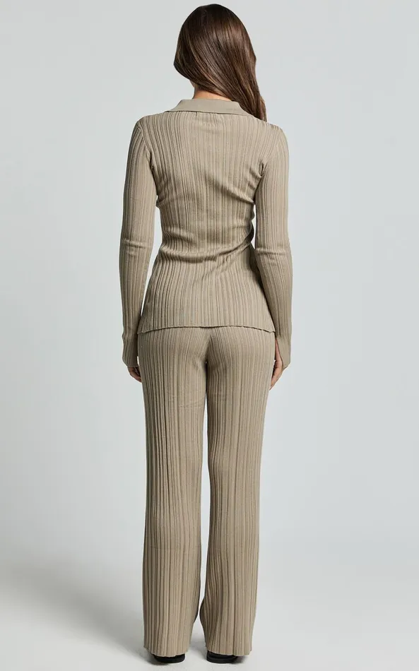 Showpo Kelsey Top 8211 Button Through Long Sleeve Knitted Top In Taupe Women Tops