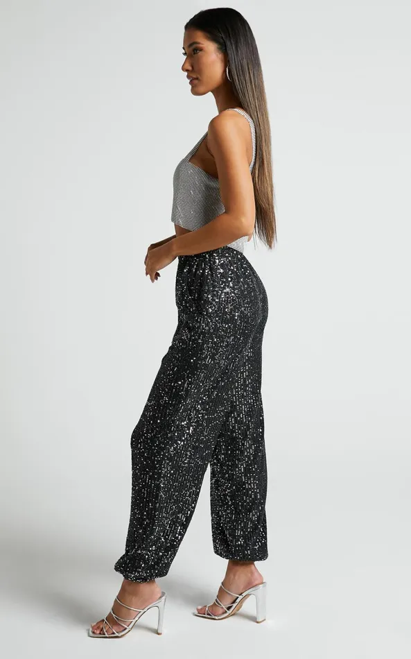 Showpo Kendrick Pant 8211 Elasticated High Waist Sequin Jogger In Black Women Loungewear