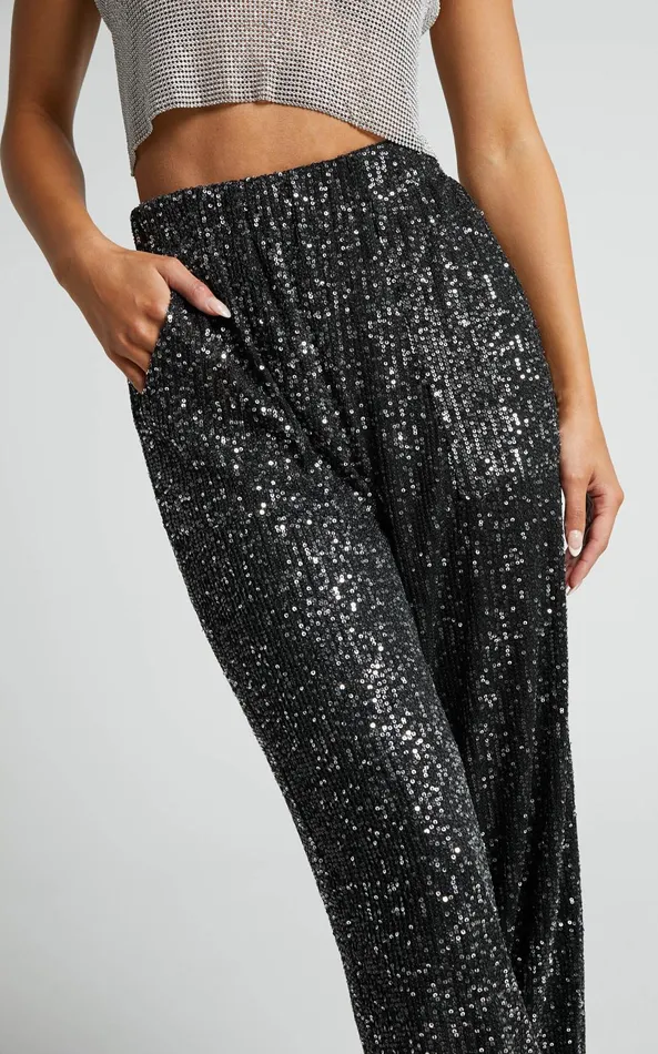 Showpo Kendrick Pant 8211 Elasticated High Waist Sequin Jogger In Black Women Loungewear