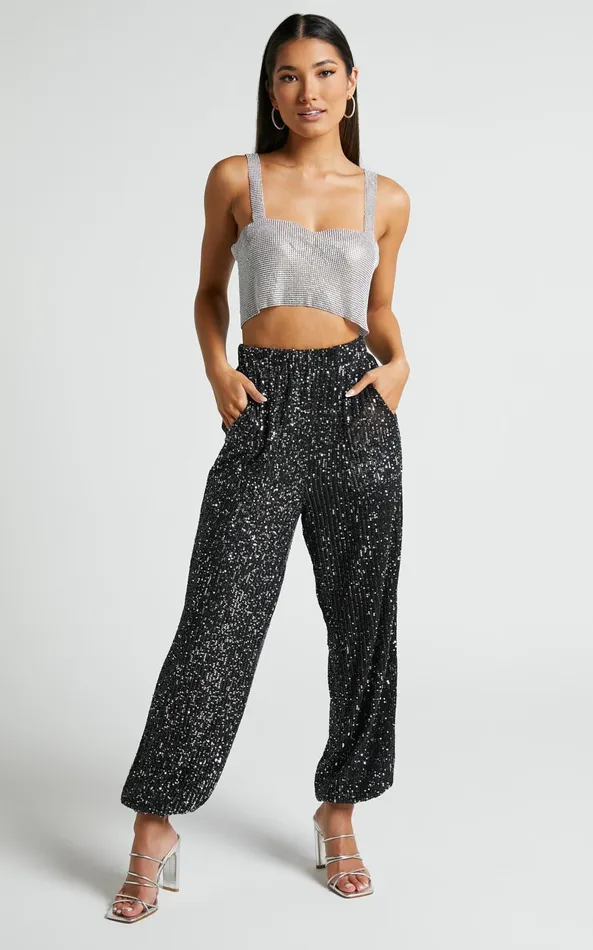 Showpo Kendrick Pant 8211 Elasticated High Waist Sequin Jogger In Black Women Loungewear
